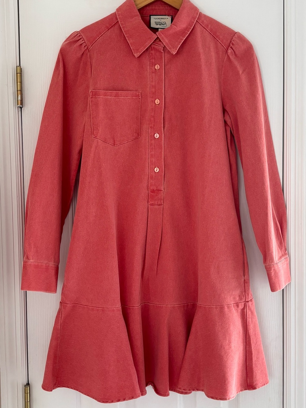 Tuckernuck Coral Pink/Coral Wash Denim Callahan Flounce Hem Shirt Dress Size XS